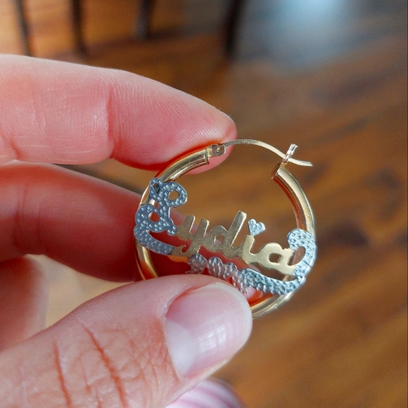 14k gold Lydia name plate earrings - Picture 2 of 4